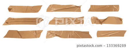 Brown scotch tape set, adhesive tape pieces isolated Brown scotch tape set, adhesive tape pieces isolated 133369289