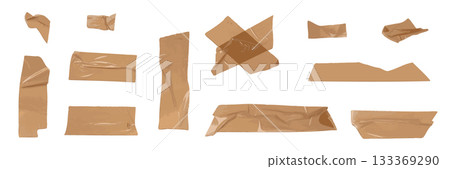 Brown scotch tape set, adhesive tape pieces isolated Brown scotch tape set, adhesive tape pieces isolated 133369290