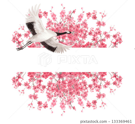 Banner of sakura branches and japanese crane. Watercolor handmade illustration. For fabric, wallpaper, greeting cards, design, decoration and illustration. 133369461