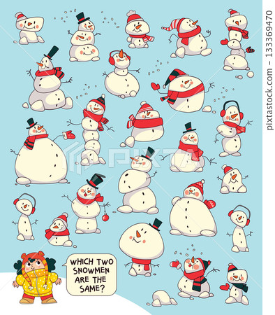 Find two identical snowmen puzzle for kids. Educational game Find two identical snowmen puzzle for kids. Educational game 133369470