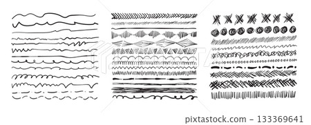 Hand drawn border lines. Doodle wave underline set, vintage squiggle ornament Hand drawn border lines. Doodle wave underline set, vintage squiggle ornament 133369641