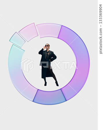 Stylish artwork. Businesswoman standing inside segmented pastel donut chart with confident emotion 133369904