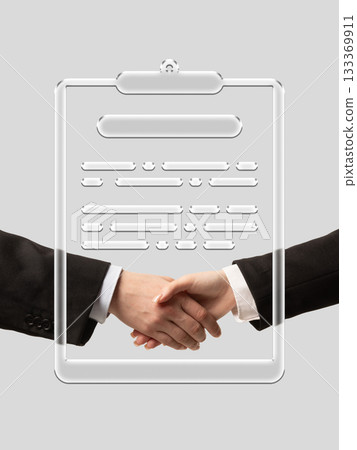 Clean composition. Handshake inside glossy clipboard outline with trusting emotion Clean composition. Handshake inside glossy clipboard outline with trusting emotion 133369911