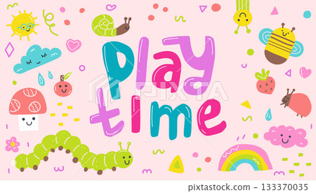 Vector illustration with playful lettering Play Time surrounded by cute insects, rainbows, mushrooms, and clouds. Bright children s design for posters, nursery decor, or educational materials. Vector illustration with playful lettering Play Time surrounded by cute insects, rainbows, mushrooms, and clouds. Bright children s design for posters, nursery decor, or educational materials. 133370035