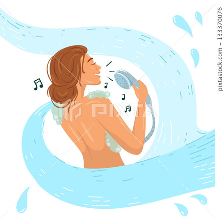 A girl sings in the shower, splashed with water. Water splash, drop and cartoon wave flow background. 133370076
