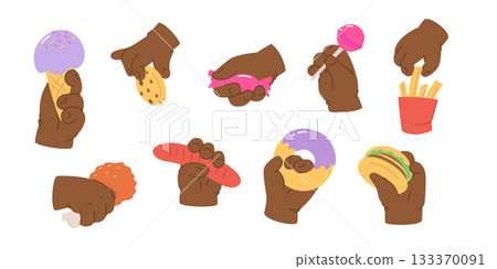 Black children and junk food. Simple and cute illustration of kids hands holding lollipop, cookie, candy, donut for kids menu 133370091