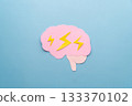 Brain anatomy with thunderbolt flashes made form paper on blue background. Creative idea for headache, stress, emotional exhaustion, depression, toxic thinking, anger and anxiety emotion. 133370102
