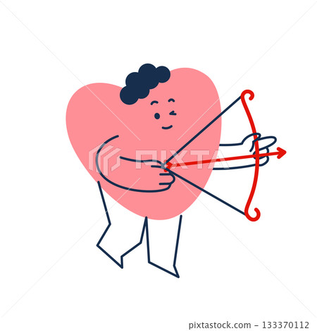 Retro groovy cartoon lovely heart mascot. Valentines Day cute character with bow and arrow. 133370112