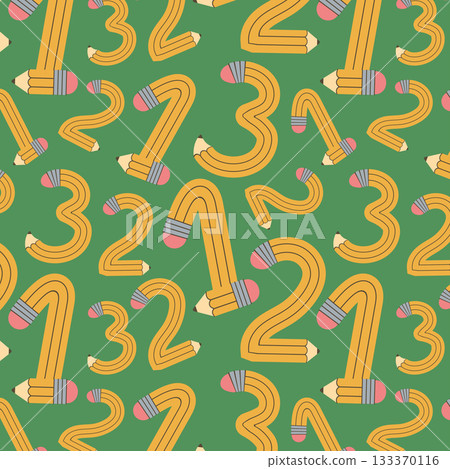 Seamless pattern ute funky twisted flexible pencils bent into in numbers from 1 to 3. Funky flexible school supplies. Vector illustration Seamless pattern ute funky twisted flexible pencils bent into in numbers from 1 to 3. Funky flexible school supplies. Vector illustration 133370116