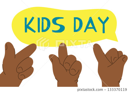 Set of hands of black child points to bubble. Kids day. Vector illustration 133370119