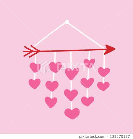 Arrow with hearts love symbol for hanging wall decor. Valentines day sticker, card, web. Hand drawn vector illustration. Arrow with hearts love symbol for hanging wall decor. Valentines day sticker, card, web. Hand drawn vector illustration. 133370127