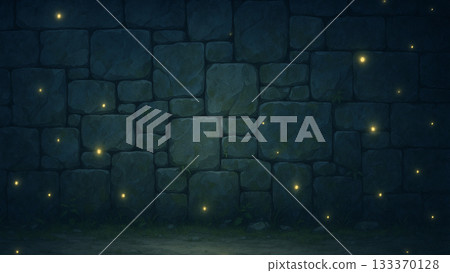 夜幕降臨，一幅奇幻的石牆背景插圖，螢火蟲翩翩起舞。 133370128