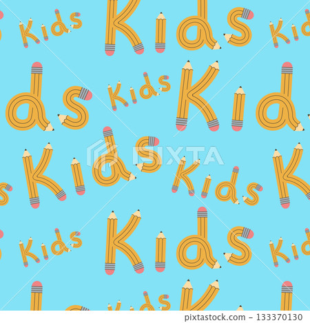 Seamless pattern of yellow pencils in the shape of the phrase Kids. Vector illustration. 133370130