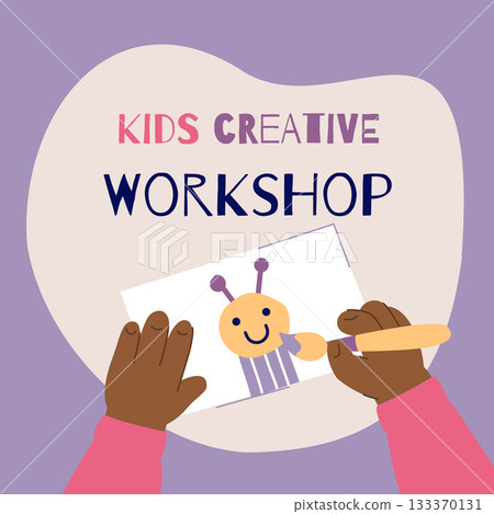 Black kids painting, creative, top view workshop for child. Banner template. Hand drawn illustration in flat cartoon style 133370131