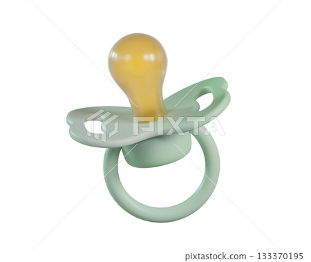 3D Mint Green baby pacifier icon. Silicone nipple. Newborn boy accessory  in soft pastel colors isolated on a transparent background. 3D render 133370195