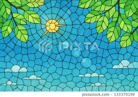 藍天、翠綠、陽光、彩色玻璃風格 133370199