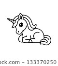 Cute unicorn resting quietly in a whimsical cartoon design on a plain background 133370250
