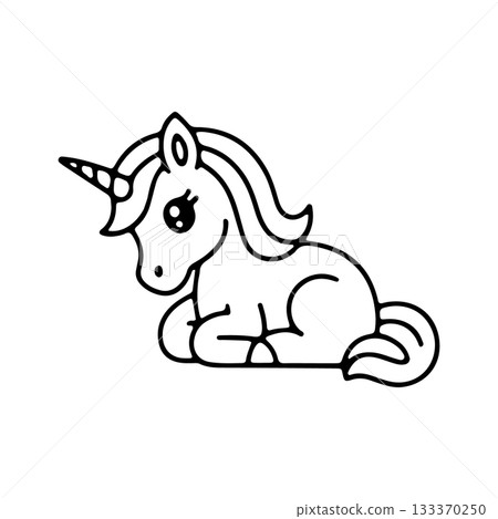 Cute unicorn resting quietly in a whimsical cartoon design on a plain background 133370250