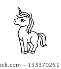 Cute unicorn standing in a playful pose with a horn and flowing mane, perfect for creative projects and children s crafts 133370251
