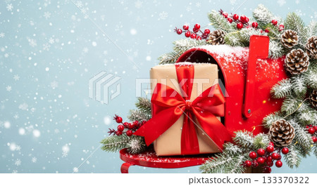 Red Christmas mailbox with a gift box, decorated with fir branches, berries, and pine cones. New Year mood in winter setting. 133370322