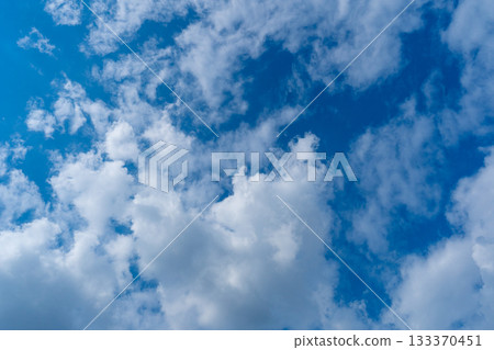 Blue Sky with White Clouds, Sunny Cloudy Sky Texture Background, Fluffy Clouds Pattern, Sunny Cumulus 133370451
