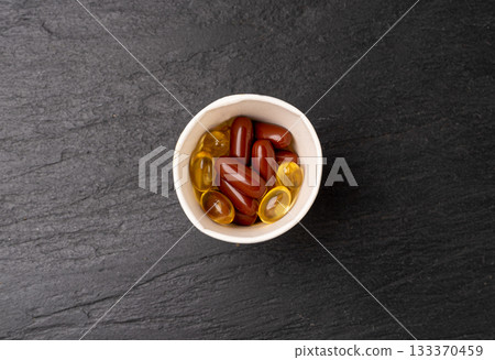 Color Pill Capsules, Brown Yellow Gel Medicaments, Drugs Mix, Color Pills Group, Red, Yellow Medicine 133370459
