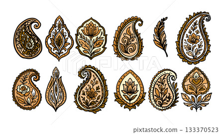 Brown ornamental set of paisley and buta elements 133370523