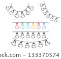 Holiday light bulb garland set. Outline black marker ink contour, cute coloured doodle sketch style, hand drawn blob stroke line. Festive string party graphic web design. Vector illustration 133370574