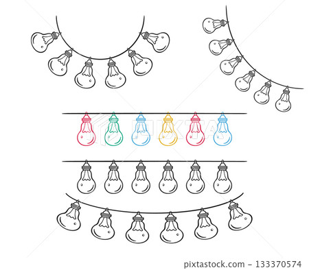 Holiday light bulb garland set. Outline black marker ink contour, cute coloured doodle sketch style, hand drawn blob stroke line. Festive string party graphic web design. Vector illustration Holiday light bulb garland set. Outline black marker ink contour, cute coloured doodle sketch style, hand drawn blob stroke line. Festive string party graphic web design. Vector illustration 133370574