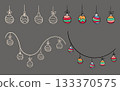Festive Christmas ball set, hand drawn garland decorative ornamental white outline border collection, cute bright colourful flat sketch style design, playful string for card, web project. Vector 133370575
