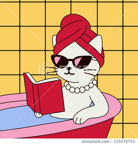 Cool Cat Relaxing in Bath with Book and Sunglasses 133370753