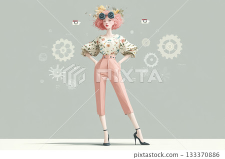 Emi Series: Punk-style concept visual featuring flying gears and drones (AI cyber girl) 133370886