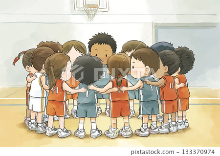 Miyu Series: Mixed-gender basketball players forming a circle and cheering 133370974