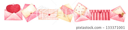 Watercolor Illustration of Envelopes with Hearts Border 133371001