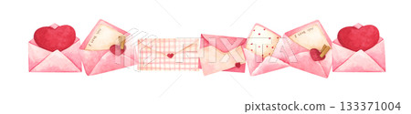Watercolor Illustration of Envelopes with Hearts Border 133371004