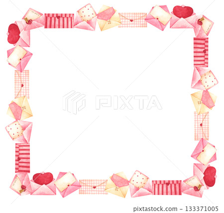 Watercolor Illustration of Envelopes with Hearts Border 133371005