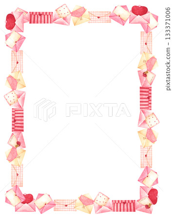 Watercolor Illustration of Envelopes with Hearts Border 133371006