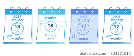 Blue Monday Date in 2027 and 2028 with Handwritten Text Blue on Calendar pages with Drawn Sad Smile 133371013