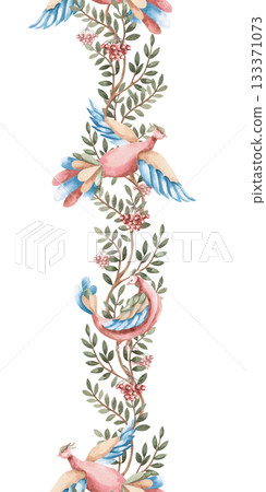 A vertical seamless border featuring stylized flying birds against a background of branches and berries. Isolated watercolor illustration for interior design, textiles, apparel printing. 133371073