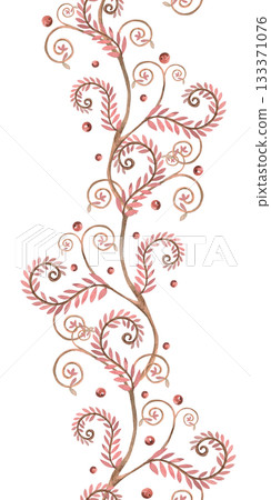 A vertical seamless border with stylized rose branches. Isolated watercolor illustration in a folk style for interior design, textiles, apparel printing, and packaging. 133371076