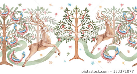 A seamless border featuring a stylized running deer with trees, birds, and a winding path. A fabulous isolated watercolor illustration for interior design, textiles, apparel printing, and packaging. A seamless border featuring a stylized running deer with trees, birds, and a winding path. A fabulous isolated watercolor illustration for interior design, textiles, apparel printing, and packaging. 133371077