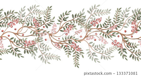 Seamless border with branches with leaves and berries. Isolated watercolor illustration for interior design, textiles, clothing printing, and packaging. Seamless border with branches with leaves and berries. Isolated watercolor illustration for interior design, textiles, clothing printing, and packaging. 133371081