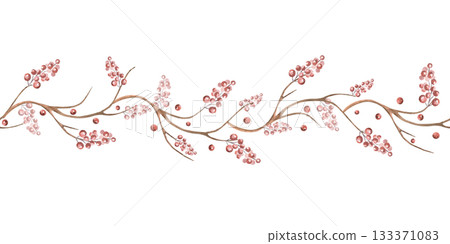 Seamless border with bare branches and berries. Isolated watercolor illustration for interior design, textiles, apparel printing, and packaging. 133371083