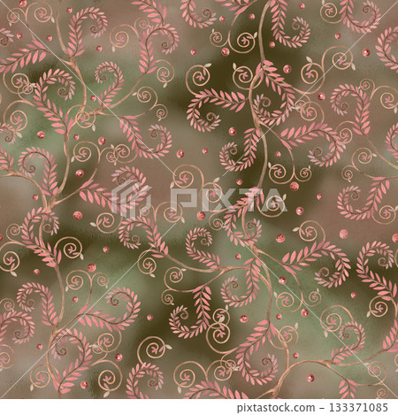 A seamless pattern with pink curved branches on a beautiful brown, green, and pink background. Watercolor illustration for interior design, apparel and fabric printing, project design, and packaging. 133371085