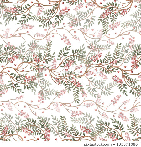 A seamless pattern with horizontal branches and berries on a brown background. Watercolor illustration for interior design, apparel and fabric printing, project design, and packaging. 133371086