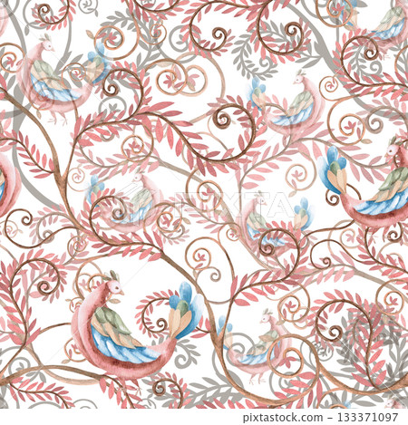 A seamless pattern with stylized birds and pink branches on a bright blue background. Watercolor illustration for interior design, printing on clothing and fabric, project design, and packaging. 133371097