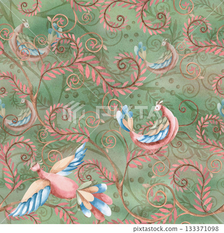A seamless pattern with stylized birds and pink branches on a soft green background. Watercolor illustration for interior design, printing on clothing and fabric, project design, and packaging. A seamless pattern with stylized birds and pink branches on a soft green background. Watercolor illustration for interior design, printing on clothing and fabric, project design, and packaging. 133371098