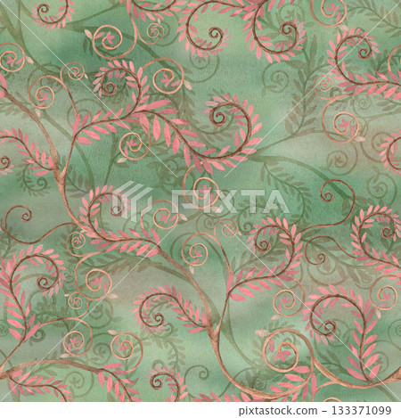 A seamless pattern with stylized rose branches on a soft green background. Watercolor illustration for interior design, printing on clothing and fabric, project design, and packaging. A seamless pattern with stylized rose branches on a soft green background. Watercolor illustration for interior design, printing on clothing and fabric, project design, and packaging. 133371099