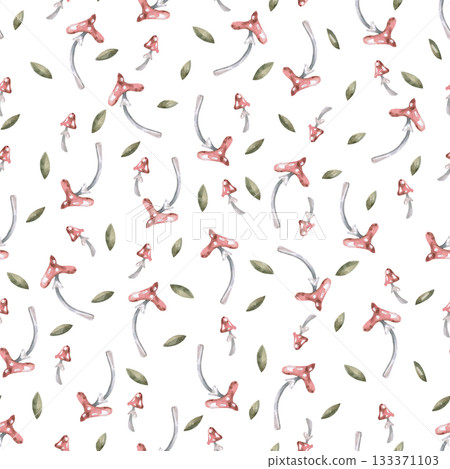 Seamless pattern with fly agaric mushrooms and leaves. Watercolor illustration for interior design, printing on clothing and fabric, decorating cafes and restaurants, and packaging design. Seamless pattern with fly agaric mushrooms and leaves. Watercolor illustration for interior design, printing on clothing and fabric, decorating cafes and restaurants, and packaging design. 133371103