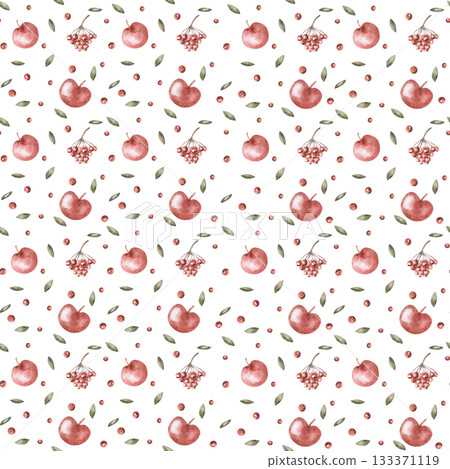 A seamless pattern with apples, rowan berries, and berries. Watercolor illustration for children's room design, apparel, packaging, and fabric printing. A seamless pattern with apples, rowan berries, and berries. Watercolor illustration for children's room design, apparel, packaging, and fabric printing. 133371119